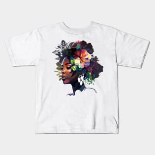 Afro Natural Curly Black women Floral Flowers Kids T-Shirt